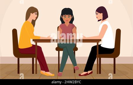 Gruppe von Geschäftsfrau um einen Schreibtisch Teamwork-Konzept Vektor-Illustration Stock Vektor