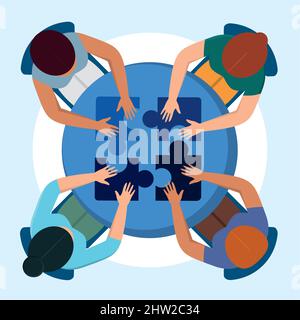 Gruppe von Menschen, die mit Puzzle um einen Schreibtisch arbeiten Teamwork Konzept Vektor-Illustration Stock Vektor
