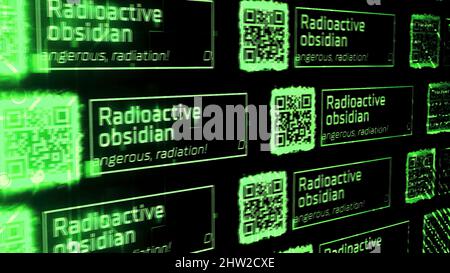 Abstract qr-Codes und die Inschrift radioaktives Obsidian. Bewegung. Warninformationen über infizierte gefährliche Bereiche, nahtlose Schleife Stockfoto