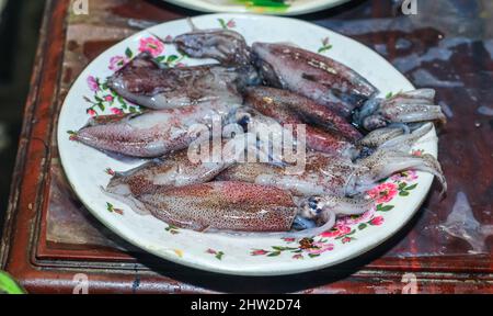 Roher Baby-Tintenfisch auf dem Teller. Frischer Babykrake auf dem Eis auf dem Fischmarkt. Konzept der Meeresnahrung. Stockfoto