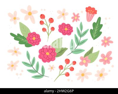 Blumenkollektion mit Blättern, Frühlingsblumen, botanischen Elementen. Handgezeichnete Vektorgrafik. Stock Vektor
