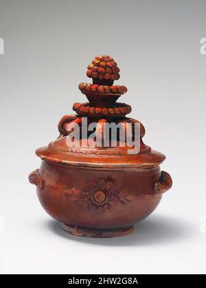 Kunst inspiriert von Sugar Bowl, ca. 1830, hergestellt in Montgomery County, Pennsylvania, USA, amerikanisch, Steingut; Redware mit Slip-Verzierung, H. 5 3/4 Zoll (14,6 cm); Durchm. 4 3/4 Zoll (12,1 cm), Keramik, zugeschrieben John Nice (1785–1867, Klassisches Werk, modernisiert von Artotop mit einem Schuss Moderne. Formen, Farbe und Wert, auffällige visuelle Wirkung auf Kunst. Emotionen durch Freiheit von Kunstwerken auf zeitgemäße Weise. Eine zeitlose Botschaft, die eine wild kreative neue Richtung verfolgt. Künstler, die sich dem digitalen Medium zuwenden und die Artotop NFT erschaffen Stockfoto