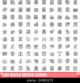 100 Symbole für Massenmedien eingestellt. Skizzieren Sie die Darstellung von 100 Symbolen für Massenmedien, die auf weißem Hintergrund isoliert sind Stock Vektor