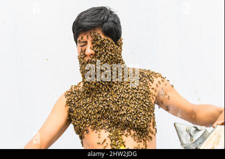 Imker von Bienen bedeckt, hat er die Bienenkönigin am Hals, so dass alle Bienen an seinem Körper haften. surrealismus Stockfoto