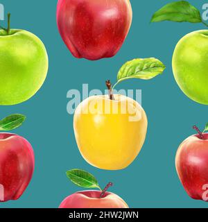 Illustration Realismus nahtlose Muster Obstapfel in verschiedenen Farben auf einem blauen Hintergrund. Hochwertige Illustration Stockfoto