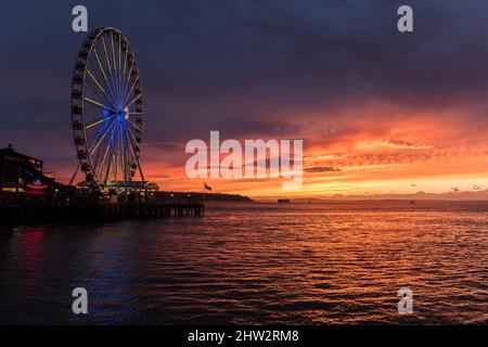 Seattle, USA. 2. März 2022. Das Seattle Great Wheel beleuchtete zur Unterstützung der Ukraine bei Sonnenuntergang. Stockfoto
