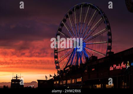 Seattle, USA. 2. März 2022. Das Seattle Great Wheel beleuchtete zur Unterstützung der Ukraine bei Sonnenuntergang. Stockfoto
