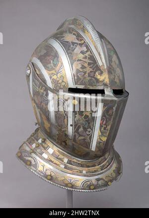 Kunst inspiriert von Close Helmet, ca. 1585, Mailand, Italien, Mailand, Stahl, Gold, Messing, H. 11 5/8 Zoll (29,5 cm); B: 9 1/2 Zoll (24,1 cm); D. 11 Zoll (27,9 cm); Gewicht 5 lb. 14 oz. (2665 g), Helme, Classic Works modernisiert von Artotop mit einem Schuss Modernität. Formen, Farbe und Wert, auffällige visuelle Wirkung auf Kunst. Emotionen durch Freiheit von Kunstwerken auf zeitgemäße Weise. Eine zeitlose Botschaft, die eine wild kreative neue Richtung verfolgt. Künstler, die sich dem digitalen Medium zuwenden und die Artotop NFT erschaffen Stockfoto