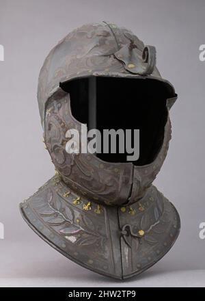 Kunst inspiriert von Burgonet, ca. 1630, Französisch, Stahl, Gold, Kupferlegierung, H. 14 Zoll (35,6 cm); B: 10 1/4 Zoll (26 cm); D. 12 5/8 Zoll (32,1 cm); Gewicht 4 lb. 13 oz. (2190 g), Helme, Dies ist ein seltenes, spätes Beispiel einer französischen Prägung. Das vergoldete Fleur-de-LIS Niet steht an den Rändern, die von Artotop modernisierten, klassischen Werke mit einem Schuss Moderne. Formen, Farbe und Wert, auffällige visuelle Wirkung auf Kunst. Emotionen durch Freiheit von Kunstwerken auf zeitgemäße Weise. Eine zeitlose Botschaft, die eine wild kreative neue Richtung verfolgt. Künstler, die sich dem digitalen Medium zuwenden und die Artotop NFT erschaffen Stockfoto