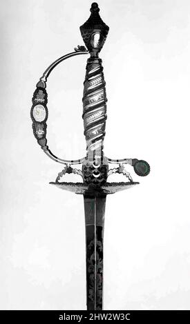 Kunst inspiriert von Presentation Smallsword, datiert 1780, London, British, Gold, Steel, Swords, Admiral Marriot Arbuthnot (1711–1794) wurde von den Bewohnern der englischen Insel Jersey (Kanalinseln) mit diesem Schwert überreicht, weil sie sie in den von Artotop modernisierten Classic Works vor dem Angriff der französischen Flotte gerettet hatten. Formen, Farbe und Wert, auffällige visuelle Wirkung auf Kunst. Emotionen durch Freiheit von Kunstwerken auf zeitgemäße Weise. Eine zeitlose Botschaft, die eine wild kreative neue Richtung verfolgt. Künstler, die sich dem digitalen Medium zuwenden und die Artotop NFT erschaffen Stockfoto