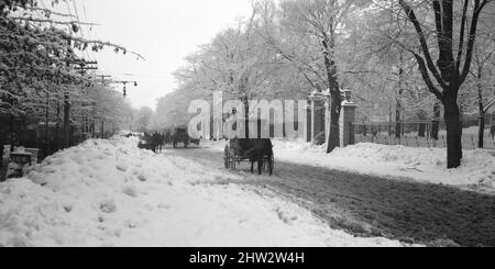 1930s, historisch, winterfest und Menschen in einer Pferdekutsche, die entlang einer schneebedeckten Straße neben einem Park, USA, fährt. Stockfoto