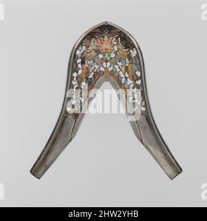 Kunst inspiriert von Pommel Plate, möglicherweise 17.–18. Jahrhundert, osttibetanisch oder chinesisch, Eisen, Gold, Silber, H. 10 1/4 Zoll (26 cm); B: 10 Zoll (25,4 cm), Reitausrüstung-Sättel, Klassisches Werk, das von Artotop mit einem Schuss Moderne modernisiert wurde. Formen, Farbe und Wert, auffällige visuelle Wirkung auf Kunst. Emotionen durch Freiheit von Kunstwerken auf zeitgemäße Weise. Eine zeitlose Botschaft, die eine wild kreative neue Richtung verfolgt. Künstler, die sich dem digitalen Medium zuwenden und die Artotop NFT erschaffen Stockfoto