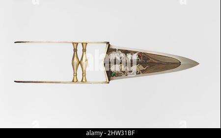 Kunst inspiriert von Punch Dagger (Katar) mit Sheath, Ende des 17..–18.. Jahrhunderts, Rajasthan, Inder, Mughal, Stahl, Eisen, Silber, Gold, Rubine, L. 14 Zoll (35,6 cm); L. der Klinge 7 1/4 Zoll (18,4 cm); B: 3 3/16 Zoll (8,1 cm); Gewicht 15,2 oz. (430,9 g), Dolche, Dolche dieses uralten indischen Typs sind klassische Werke, die von Artotop mit einem Schuss Moderne modernisiert wurden. Formen, Farbe und Wert, auffällige visuelle Wirkung auf Kunst. Emotionen durch Freiheit von Kunstwerken auf zeitgemäße Weise. Eine zeitlose Botschaft, die eine wild kreative neue Richtung verfolgt. Künstler, die sich dem digitalen Medium zuwenden und die Artotop NFT erschaffen Stockfoto