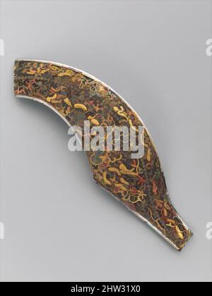 Kunst inspiriert von der rechten Hälfte einer Cantle-Platte aus einem Sattel, 16.–18. Jahrhundert, tibetisch oder chinesisch, Eisen, Gold, Silber, ca. 9 x 3 Zoll (22,9 x 7,6 cm), Reitausrüstung, Klassisches Werk, das von Artotop mit einem Schuss Moderne modernisiert wurde. Formen, Farbe und Wert, auffällige visuelle Wirkung auf Kunst. Emotionen durch Freiheit von Kunstwerken auf zeitgemäße Weise. Eine zeitlose Botschaft, die eine wild kreative neue Richtung verfolgt. Künstler, die sich dem digitalen Medium zuwenden und die Artotop NFT erschaffen Stockfoto