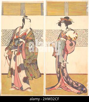 Kunst inspiriert von der dritten Sawamura Sojuro und dem Segawa Kikunojo 3., Edo-Periode (1615–1868), 1780, Japan, Diptychon polychromer Holzschnitte; Tinte und Farbe auf Papier, A: 12 5/8 x 5 3/4 Zoll (32,1 x 14,6 cm), Drucke, Katsukawa Shunshō (japanisch, 1726–1792, Klassische Werke, die von Artotop mit einem Schuss Moderne modernisiert wurden. Formen, Farbe und Wert, auffällige visuelle Wirkung auf Kunst. Emotionen durch Freiheit von Kunstwerken auf zeitgemäße Weise. Eine zeitlose Botschaft, die eine wild kreative neue Richtung verfolgt. Künstler, die sich dem digitalen Medium zuwenden und die Artotop NFT erschaffen Stockfoto