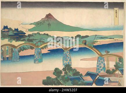 Kunst inspiriert von 諸國名橋奇覧 すほうの国きんたいはし, Kintai-Brücke in der Provinz Suō (Suō no kuni Kintaibashi), aus der Serie bemerkenswerte Ansichten von Brücken in verschiedenen Provinzen (Shokoku meikyō kiran), Edo-Zeit (1615–1868), 1827–30, Japan, Polychromer Holzschnitt; Tinte und Farbe auf Papier, 10 7/32 x 15, Klassisches Werk, modernisiert von Artotop mit einem Schuss Moderne. Formen, Farbe und Wert, auffällige visuelle Wirkung auf Kunst. Emotionen durch Freiheit von Kunstwerken auf zeitgemäße Weise. Eine zeitlose Botschaft, die eine wild kreative neue Richtung verfolgt. Künstler, die sich dem digitalen Medium zuwenden und die Artotop NFT erschaffen Stockfoto