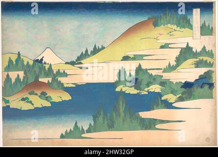 Kunst inspiriert von 冨嶽三十六景 相州箱根湖水, dem See von Hakone in der Provinz Sagami (Sōshū Hakone kosui), aus der Serie 36 Ansichten des Fuji-Berges (Fugaku sanjūrokkei), Edo-Periode (1615–1868), ca. 1830–32, Japan, Polychromer Holzschnitt; Tinte und Farbe auf Papier, 10 1/8 x 15 Zoll (25,7 x 38,1, Classic Works modernisiert von Artotop mit einem Schuss Moderne. Formen, Farbe und Wert, auffällige visuelle Wirkung auf Kunst. Emotionen durch Freiheit von Kunstwerken auf zeitgemäße Weise. Eine zeitlose Botschaft, die eine wild kreative neue Richtung verfolgt. Künstler, die sich dem digitalen Medium zuwenden und die Artotop NFT erschaffen Stockfoto