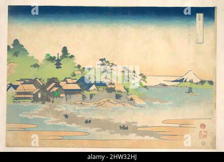 Kunst inspiriert von 冨嶽三十六景 相州江の島, Enoshima in der Provinz Sagami (Sōshū Enoshima), aus der Serie 36 Ansichten des Fuji-Berges (Fugaku sanjūrokkei), Edo-Periode (1615–1868), ca. 1830–32, Japan, Polychromer Holzschnitt; Tinte und Farbe auf Papier, 10 1/8 x 14 7/8 Zoll (25,7 x 37,8 cm), Drucke, von Artotop modernisierte Klassiker mit einem Schuss Moderne. Formen, Farbe und Wert, auffällige visuelle Wirkung auf Kunst. Emotionen durch Freiheit von Kunstwerken auf zeitgemäße Weise. Eine zeitlose Botschaft, die eine wild kreative neue Richtung verfolgt. Künstler, die sich dem digitalen Medium zuwenden und die Artotop NFT erschaffen Stockfoto