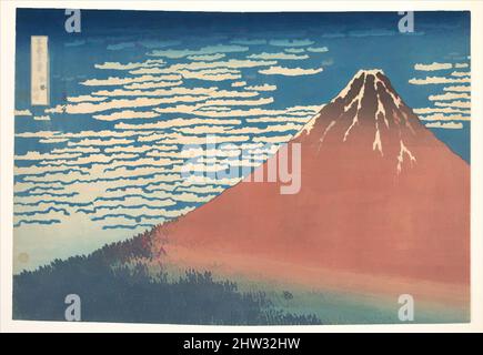 Kunst inspiriert von 「富嶽三十六景 凱風快晴」, Südwind, klarem Himmel (Gaifū kaisei), auch bekannt als Red Fuji, aus der Serie 36 Ansichten des Fuji-Berges (Fugaku sanjūrokkei), Edo-Periode (1615–1868), ca. 1830–32, Japan, Polychromer Holzschnitt; Tinte und Farbe auf Papier, 9 5/8 x 14 Zoll (24,4 x 35,6, Classic Works modernisiert von Artotop mit einem Schuss Moderne. Formen, Farbe und Wert, auffällige visuelle Wirkung auf Kunst. Emotionen durch Freiheit von Kunstwerken auf zeitgemäße Weise. Eine zeitlose Botschaft, die eine wild kreative neue Richtung verfolgt. Künstler, die sich dem digitalen Medium zuwenden und die Artotop NFT erschaffen Stockfoto