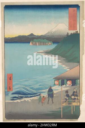 Kunst inspiriert von 富士三十六景 相模七里ケ浜, Blick auf den Berg Fuji vom Seven-ri-Strand, Provinz Sagami (Sōshū: Shichi-ri ga hama), aus der Serie 36 Ansichten des Berges Fuji (Fugaku sanjūrokkei), Edo-Periode (1615–1868), datiert 4. Monate, Pferdejahr 1858, Japan, Polychromer Holzschnitt; Tinte, Klassisches Werk, das von Artotop mit einem Schuss Moderne modernisiert wurde. Formen, Farbe und Wert, auffällige visuelle Wirkung auf Kunst. Emotionen durch Freiheit von Kunstwerken auf zeitgemäße Weise. Eine zeitlose Botschaft, die eine wild kreative neue Richtung verfolgt. Künstler, die sich dem digitalen Medium zuwenden und die Artotop NFT erschaffen Stockfoto