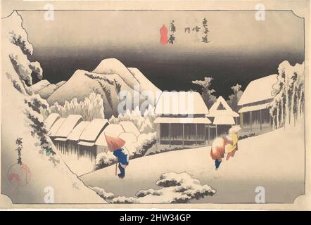 Kunst inspiriert von 東海道五十三次之内 蒲原 夜の雪, Ein verschneiten Abend am Bahnhof Kambara, Edo-Zeit (1615–1868), ca. 1833–34, Japan, Polychromer Holzschnitt; Tinte und Farbe auf Papier, Bild: 9 1/2 × 14 1/8 Zoll (24,1 × 35,9 cm), Drucke, Utagawa Hiroshige (Japanisch, Tokio (Edo) 1797–1858 Tokio (Edo, Klassisches Werk, das von Artotop mit einem Schuss Moderne modernisiert wurde. Formen, Farbe und Wert, auffällige visuelle Wirkung auf Kunst. Emotionen durch Freiheit von Kunstwerken auf zeitgemäße Weise. Eine zeitlose Botschaft, die eine wild kreative neue Richtung verfolgt. Künstler, die sich dem digitalen Medium zuwenden und die Artotop NFT erschaffen Stockfoto