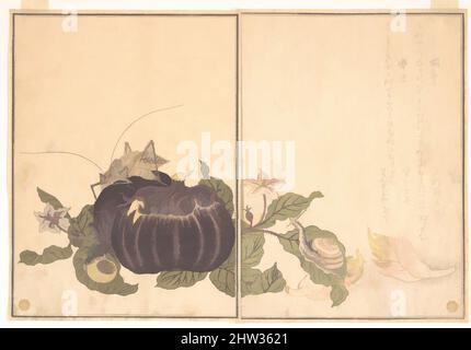 Kunst inspiriert von 『画本虫撰』「蝸牛」「轡虫」, Landschnecke (Katatsumuri); Riese Katydid (Kutsuwamushi), aus dem Bilderbuch der kriechenden Kreaturen (Ehon mushi erami), Edo-Zeit (1615–1868), 1788, Japan, Seite aus Holzschnitt-gedrucktem Buch; Tinte und Farbe auf Papier, 10 1/2 x 7 7/32 Zoll (26,7 x 18,4 cm, Classic Works modernisiert von Artotop mit einem Schuss Modernität. Formen, Farbe und Wert, auffällige visuelle Wirkung auf Kunst. Emotionen durch Freiheit von Kunstwerken auf zeitgemäße Weise. Eine zeitlose Botschaft, die eine wild kreative neue Richtung verfolgt. Künstler, die sich dem digitalen Medium zuwenden und die Artotop NFT erschaffen Stockfoto