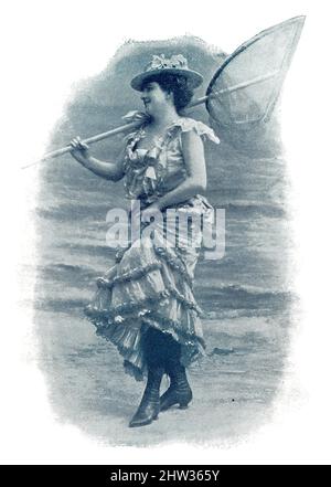 Pariser Naivität. Porträt einer Frau am Ufer mit einem Handnetz. Bild aus der illustrierten deutsch-französischen Theaterzeitschrift 'das Album', 1898. Stockfoto