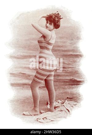 Pariser Naivität. Porträt einer Frau am Strand in einem Badeanzug. Bild aus der illustrierten deutsch-französischen Theaterzeitschrift 'das Album', 1898. Stockfoto