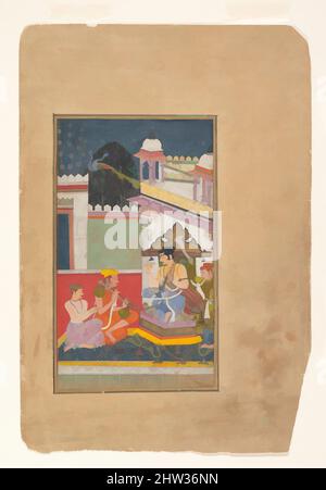 Von Shri Raga inspirierte Kunst: Folio aus einer ragamala-Serie (Garland of Musical Modes), Mitte des 17.. Jahrhunderts, Indien (Rajasthan, Bundi), Tinte und opakes Aquarell auf Papier, 8 1/4 x 4 3/4 Zoll (20,9 x 12,1 cm), Gemälde, hier spielt der Herrscher eine rudra-Vina, begleitet von zwei Musikern, Klassische Werke, die von Artotop mit einem Schuss Moderne modernisiert wurden. Formen, Farbe und Wert, auffällige visuelle Wirkung auf Kunst. Emotionen durch Freiheit von Kunstwerken auf zeitgemäße Weise. Eine zeitlose Botschaft, die eine wild kreative neue Richtung verfolgt. Künstler, die sich dem digitalen Medium zuwenden und die Artotop NFT erschaffen Stockfoto