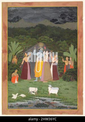 Kunst inspiriert von Krishna und den Gopis Take Shelter from the Rain, 1760, Indien (Rajasthan, Jaipur), Ink, Opakes Aquarell und Gold auf Papier, 13 3/4 x 9 3/8 Zoll (34,9 x 23,8 cm), Gemälde, hier füllen dunkle Wolken den Himmel und Krishna beherbergt mehrere Gopis (Kuhmädchen), in Anspielung auf seine von Artotop modernisierten Klassiker mit einem Schuss Moderne. Formen, Farbe und Wert, auffällige visuelle Wirkung auf Kunst. Emotionen durch Freiheit von Kunstwerken auf zeitgemäße Weise. Eine zeitlose Botschaft, die eine wild kreative neue Richtung verfolgt. Künstler, die sich dem digitalen Medium zuwenden und die Artotop NFT erschaffen Stockfoto