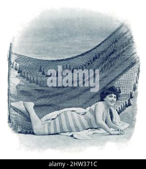 Pariser Naivität. Porträt einer Frau am Strand in einem Badeanzug. Bild aus der illustrierten deutsch-französischen Theaterzeitschrift 'das Album', 1898. Stockfoto