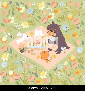 Niedliche Cartoon Tiere feiern Ostern auf Blumen Wiese Stock Vektor