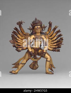 Kunst, inspiriert von Durga als Slayer des Buffalo Demon Mahishasura, 14.–15. Jahrhundert, Nepal, gilt Kupferlegierung, mit Halbedelsteinen inseriert, H. 8 3/4 Zoll (22,2 cm); B: 8 Zoll (20,3 cm); D. 3 1/4 Zoll (8,3 cm); Gewicht 6 lbs (2,7 kg), Skulptur, Diese achtzehn-armige Version der Göttin, Classic Works modernisiert von Artotop mit einem Schuss Moderne. Formen, Farbe und Wert, auffällige visuelle Wirkung auf Kunst. Emotionen durch Freiheit von Kunstwerken auf zeitgemäße Weise. Eine zeitlose Botschaft, die eine wild kreative neue Richtung verfolgt. Künstler, die sich dem digitalen Medium zuwenden und die Artotop NFT erschaffen Stockfoto