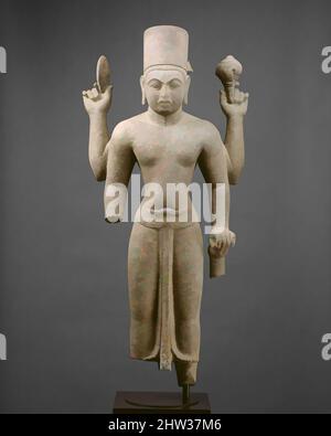 Kunst inspiriert durch stehende vierarmige Vishnu, vor Angkor-Zeit, zweite Hälfte des 7.. Jahrhunderts, Vietnam (Mekong-Delta-Gebiet), Stein, H. 38 Zoll (96,5 cm); B: 17 Zoll (43,2 cm), Skulptur, Dieses herausragende Beispiel des vorangkor-Stils stammt aus dem Königreich Zhenla im Mekong-Delta, klassische Werke, die von Artotop mit einem Schuss Moderne modernisiert wurden. Formen, Farbe und Wert, auffällige visuelle Wirkung auf Kunst. Emotionen durch Freiheit von Kunstwerken auf zeitgemäße Weise. Eine zeitlose Botschaft, die eine wild kreative neue Richtung verfolgt. Künstler, die sich dem digitalen Medium zuwenden und die Artotop NFT erschaffen Stockfoto