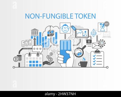 Nicht-fungible Token-Konzept und Infografik mit verschiedenen Symbolen in flachem Design. Webbanner mit Smartphone, das Hand hält, um NFT zu kaufen und zu verkaufen. Stock Vektor