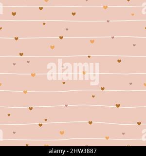 Nahtloses Streifenmuster mit Herzen. Retro-Hintergrund mit handgezeichneten Linien. Minimalistischer skandinavischer Stil in Pastelltönen. Ideal zum Drucken Stock Vektor