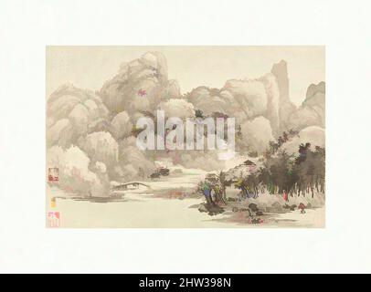 Von 清 王翬 王時敏 仿古山水圖 冊 紙本 inspirierte Kunst, Landschaften nach alten Meistern, Qing-Dynastie (1644–1911), datiert 1674 und 1677, China, Album mit zwölf Blättern; Tusche und Farbe auf Papier, zehn Gemälde von Wang Hui (A–j): 8 5/8 x 13 1/4 Zoll (22 x 33,8 cm); zwei Gemälde von Wang Shimin (k, l): 10 x 13 cm, Klassische Werke, die von Artotop mit einem Schuss Moderne modernisiert wurden. Formen, Farbe und Wert, auffällige visuelle Wirkung auf Kunst. Emotionen durch Freiheit von Kunstwerken auf zeitgemäße Weise. Eine zeitlose Botschaft, die eine wild kreative neue Richtung verfolgt. Künstler, die sich dem digitalen Medium zuwenden und die Artotop NFT erschaffen Stockfoto