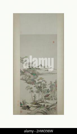 Von 清 王原祁 倣黃公望高克恭山水圖 軸 inspirierte Kunst, Landschaft im Stil von Huang Gongwang und Gao Kegong, Qing-Dynastie (1644–1911), datiert 1705, China, hängende Schriftrolle; Tinte auf Papier, Bild: 45 1/8 x 21 1/4 Zoll (114,6 x 54 cm), Gemälde, Wang Yuanqi (chinesisch, 1642–1715), das jüngste der „vier“, von Artotop modernisierten klassischen Werke mit einem Schuss Moderne. Formen, Farbe und Wert, auffällige visuelle Wirkung auf Kunst. Emotionen durch Freiheit von Kunstwerken auf zeitgemäße Weise. Eine zeitlose Botschaft, die eine wild kreative neue Richtung verfolgt. Künstler, die sich dem digitalen Medium zuwenden und die Artotop NFT erschaffen Stockfoto