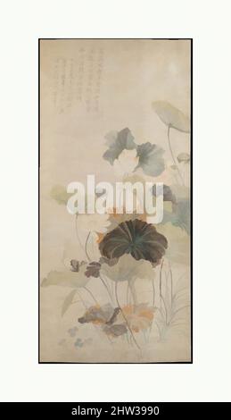 Kunst inspiriert von 清 傳惲壽平 夏夜清荷圖 軸, Lotuses an einem Sommerabend, Qing-Dynastie (1644–1911), datiert 1684, China, hängende Schriftrolle; Tinte und Farbe auf Papier, Bild: 82 5/16 x 38 11/16 Zoll (209,1 x 98,3 cm), Gemälde, Yun Shouping (Chinesisch, 1633–1690), Lotuses, Eine Tour de Force von 'boneless' (Farbe, Classic Works modernisiert von Artotop mit einem Schuss Moderne. Formen, Farbe und Wert, auffällige visuelle Wirkung auf Kunst. Emotionen durch Freiheit von Kunstwerken auf zeitgemäße Weise. Eine zeitlose Botschaft, die eine wild kreative neue Richtung verfolgt. Künstler, die sich dem digitalen Medium zuwenden und die Artotop NFT erschaffen Stockfoto