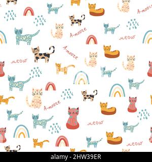 Nahtloses Kindermuster mit lustigen bunten Katzen und Regenbögen. Kreative skandinavische Kindertextur. Meow-Inschrift Stock Vektor