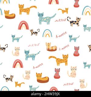 Nahtloses Kindermuster mit lustigen bunten Katzen und Regenbögen. Kreative skandinavische Kindertextur. Meow-Inschrift Stock Vektor