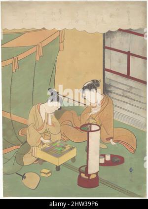 Kunst inspiriert von 鈴木春信画 将棋・三十六歌仙 「中納言兼輔」, Einem jungen Mann und Frau, die Shōgi (japanisches Schach) spielen; Chūnagon Kanesuke, aus einer Serie, die auf die sechsunddreißig poetischen Unsterblichen (Sanjūrokkasen) anspielt, Edo-Periode (1615–1868), ca. 1767–69, Japan, Polychromer Holzschnitt; Tusche und Farbe auf Papier, 11, Klassisches Werk, modernisiert von Artotop mit einem Schuss Moderne. Formen, Farbe und Wert, auffällige visuelle Wirkung auf Kunst. Emotionen durch Freiheit von Kunstwerken auf zeitgemäße Weise. Eine zeitlose Botschaft, die eine wild kreative neue Richtung verfolgt. Künstler, die sich dem digitalen Medium zuwenden und die Artotop NFT erschaffen Stockfoto