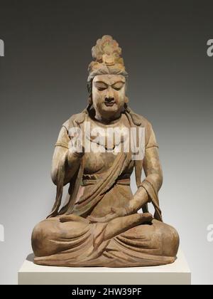 Kunst inspiriert von 北宋 彩繪木雕觀音菩薩像（地黃木胎）, Bodhisattva Avalokiteshvara (Guanyin), möglicherweise nördliche Song-Dynastie (960–1127), Ende 10.–Anfang 11. Jahrhundert, China, Holz (Fuchshandschuh) mit Pigmenten, Vergoldung, Quarz und Karneol; Einzelholzschnitt, H. 37 Zoll (94 cm); B: 24 Zoll (61 cm, Classic Works modernisiert von Artotop mit einem Schuss Moderne. Formen, Farbe und Wert, auffällige visuelle Wirkung auf Kunst. Emotionen durch Freiheit von Kunstwerken auf zeitgemäße Weise. Eine zeitlose Botschaft, die eine wild kreative neue Richtung verfolgt. Künstler, die sich dem digitalen Medium zuwenden und die Artotop NFT erschaffen Stockfoto