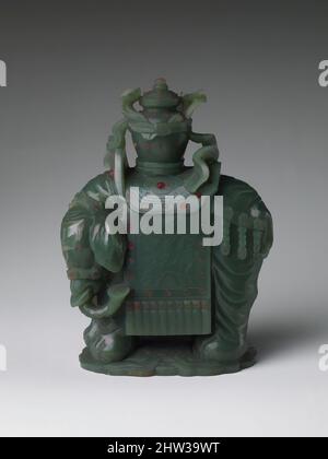 Kunst inspiriert von 清 碧玉象寶, Elefant trägt eine Vase, Qing-Dynastie (1644–1911), 18.–19. Jahrhundert, China, Jade (Nephrit) mit Granat, H. 4 9/16 Zoll (11,6 cm); B: 3 1/4 Zoll (8,3 cm); D. 2 Zoll (5,1 cm), Jade, ein Elefant, der eine Vase trug, war ein beliebtes Motiv der dekorativen Kunst, weil Classic Works von Artotop mit einem Schuss Moderne modernisiert wurde. Formen, Farbe und Wert, auffällige visuelle Wirkung auf Kunst. Emotionen durch Freiheit von Kunstwerken auf zeitgemäße Weise. Eine zeitlose Botschaft, die eine wild kreative neue Richtung verfolgt. Künstler, die sich dem digitalen Medium zuwenden und die Artotop NFT erschaffen Stockfoto