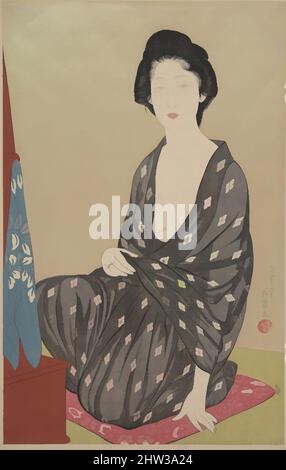 Kunst inspiriert von 夏衣の女, Frau in Sommerkleidung, Taishō-Zeit (1912–26), 1920, Japan, Polychromer Holzschnitt; Tinte und Farbe auf Papier, Bild: 17 3/4 × 11 1/2 Zoll (45,1 × 29,2 cm), Drucke, Hashiguchi Goyō (japanisch, 1881–1921), die Frau, die vor einem Friseursalon mit einem, von Artotop modernisierten Classic Works mit einem Schuss Modernität sitzt. Formen, Farbe und Wert, auffällige visuelle Wirkung auf Kunst. Emotionen durch Freiheit von Kunstwerken auf zeitgemäße Weise. Eine zeitlose Botschaft, die eine wild kreative neue Richtung verfolgt. Künstler, die sich dem digitalen Medium zuwenden und die Artotop NFT erschaffen Stockfoto