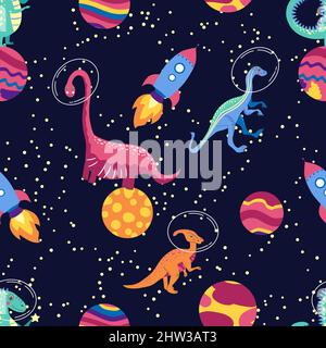 Dino im Raum nahtloses Muster. Niedliche Drachenfiguren, Dinosaurier reisen Galaxie mit Sternen, Planeten. Kinder Cartoon Hintergrund. Stock Vektor