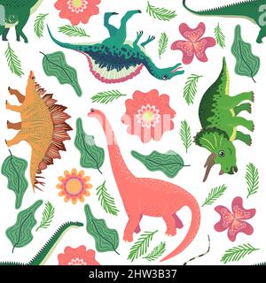 Handgezeichnetes nahtloses Muster mit Dinosauriern und tropischen Blättern und Blumen. Perfekt für Kinder Stoff, Textil, Kindertapete. Niedliches Dino-Design. Stock Vektor