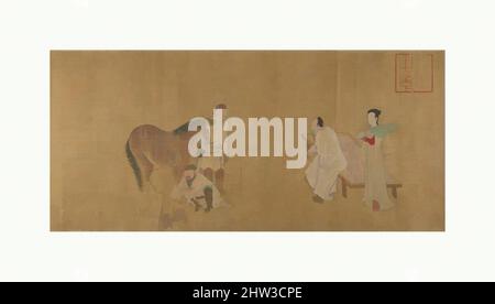 Kunst, inspiriert von der Beurteilung eines Pferdes, Ming (1368–1644) oder der Qing-Dynastie (1644–1911), China, Handscroll; Tinte und Farbe auf Seide, 12 x 40 1/2 Zoll (30,5 x 102,9 cm), Gemälde, nicht identifizierter Künstler, im Stil von Zhao Mengfu (Chinesisch, 1254–1322, Klassisches Werk, das von Artotop mit einem Schuss Moderne modernisiert wurde. Formen, Farbe und Wert, auffällige visuelle Wirkung auf Kunst. Emotionen durch Freiheit von Kunstwerken auf zeitgemäße Weise. Eine zeitlose Botschaft, die eine wild kreative neue Richtung verfolgt. Künstler, die sich dem digitalen Medium zuwenden und die Artotop NFT erschaffen Stockfoto