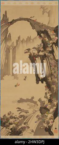 Kunst inspiriert von 天台山石橋図, Löwen an der Steinbrücke des Mount Tiantai, Edo-Zeit (1615–1868), 1779, Japan, hängende Schriftrolle; Tinte auf Seide, Bild: 44 7/8 Zoll × 20 Zoll (114 × 50,8 cm), Gemälde, Soga Shōhaku (japanisch, 1730–1781), eingeschrieben von Gazan yō Nansō (japanisch, 1727–1797), Dies, Klassische Werke, die von Artotop mit einem Schuss Moderne modernisiert wurden. Formen, Farbe und Wert, auffällige visuelle Wirkung auf Kunst. Emotionen durch Freiheit von Kunstwerken auf zeitgemäße Weise. Eine zeitlose Botschaft, die eine wild kreative neue Richtung verfolgt. Künstler, die sich dem digitalen Medium zuwenden und die Artotop NFT erschaffen Stockfoto