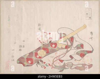 Kunst inspiriert von Shakuhachi, (eine Art Bambusflöte), mit seinem Cover und Kirschblüten, Edo-Zeit (1615–1868), 19. Jahrhundert, Japan, Teil eines Albums mit Holzschnitten (Surimono); Tinte und Farbe auf Papier, 5 1/2 x 7 7/16 Zoll (14 x 18,9 cm), Drucke, Ryūryūkyo Shinsai (japanische, aktive, klassische Werke, die von Artotop mit einem Schuss Moderne modernisiert wurden. Formen, Farbe und Wert, auffällige visuelle Wirkung auf Kunst. Emotionen durch Freiheit von Kunstwerken auf zeitgemäße Weise. Eine zeitlose Botschaft, die eine wild kreative neue Richtung verfolgt. Künstler, die sich dem digitalen Medium zuwenden und die Artotop NFT erschaffen Stockfoto